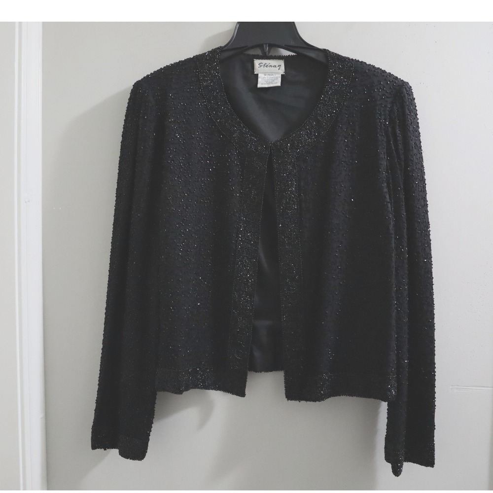 Stenay Black Beaded Silk Evening Jacket Vintage Sequin Bolero Open Front Large